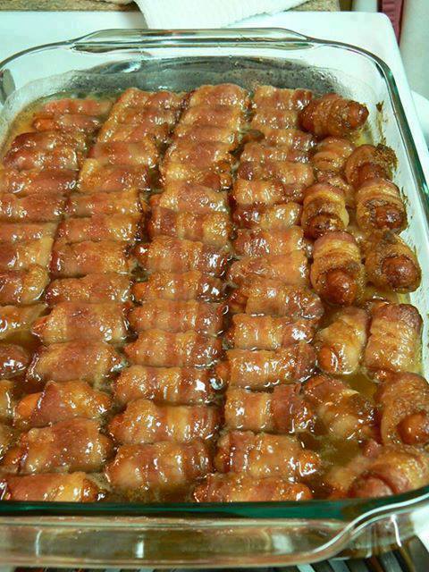 bacon wrapped smokies with brown sugar and butter