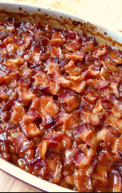 "Brown Sugar and Bacon Baked Beans in a baking dish"