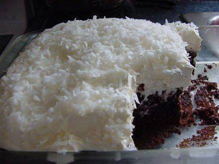 Mounds Cake with Chocolate Glaze and Coconut Topping