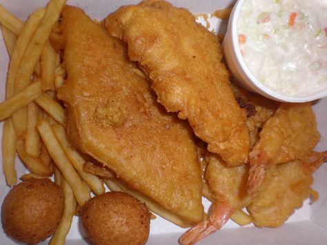 A plate of fish and seafood coated in a golden, crispy batter made with Long John Silver's style recipe