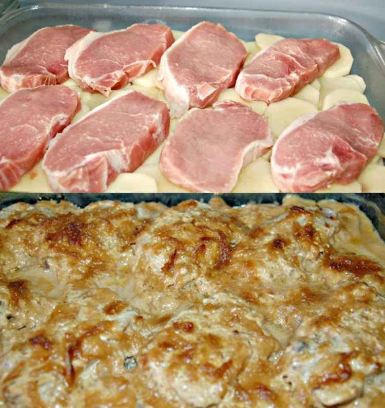 Creamy pork chops and potatoes baking in a casserole dish