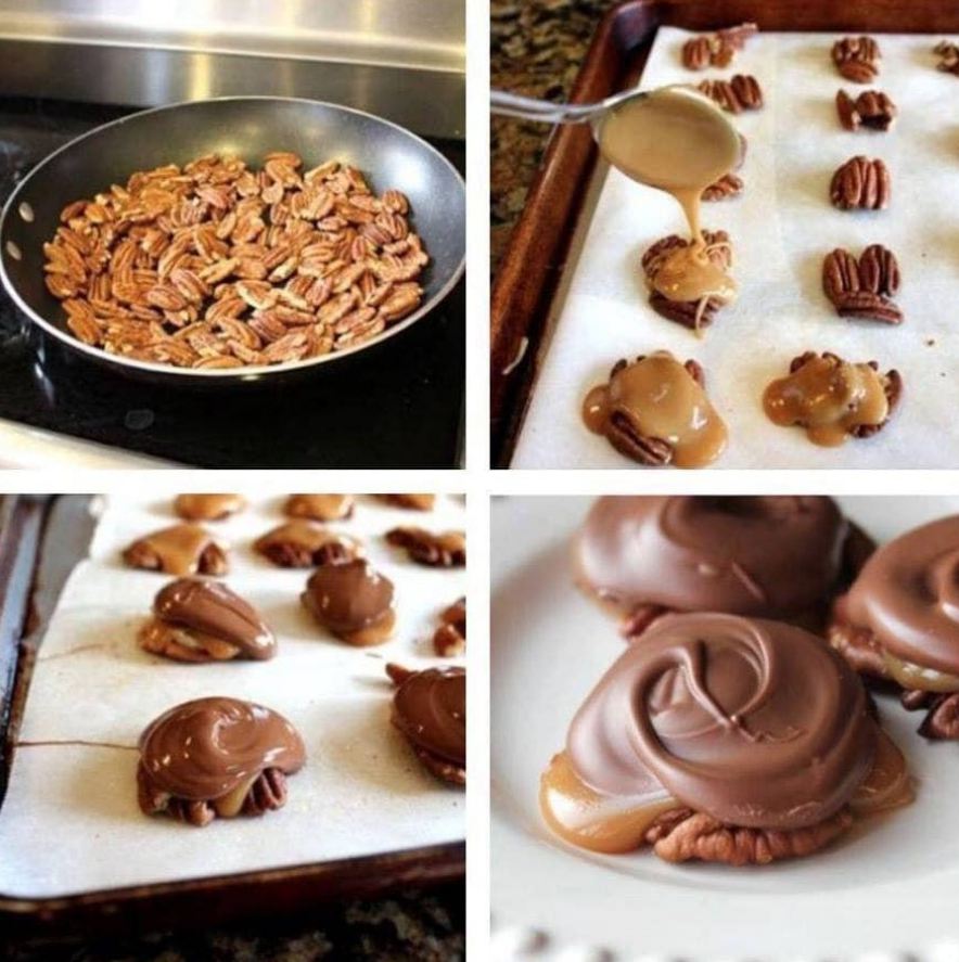 Irresistible Chocolate Pecan Turtle Clusters on a Parchment-Lined Tray