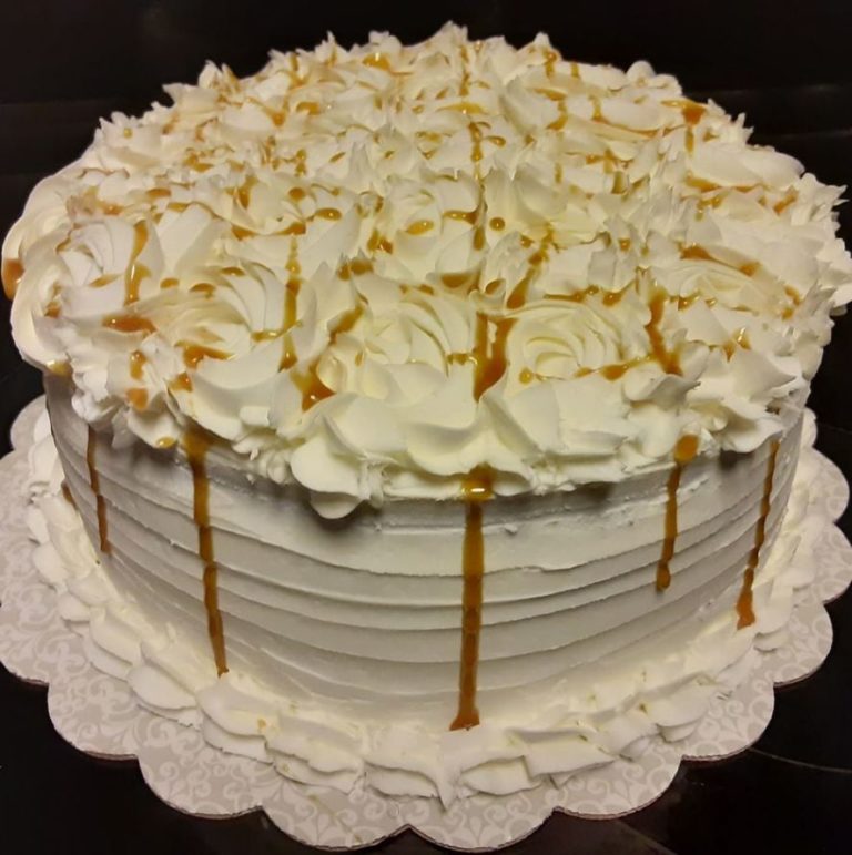 Sour Cream Vanilla Cake w/Buttercream Frosting & Caramel Sauce