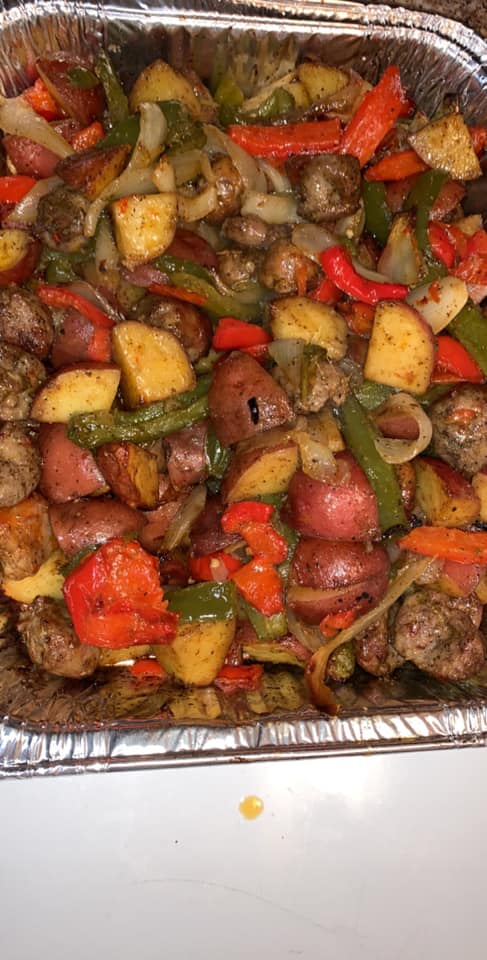 Italian sausage with red potatoes red and green peppers and onion lots ...