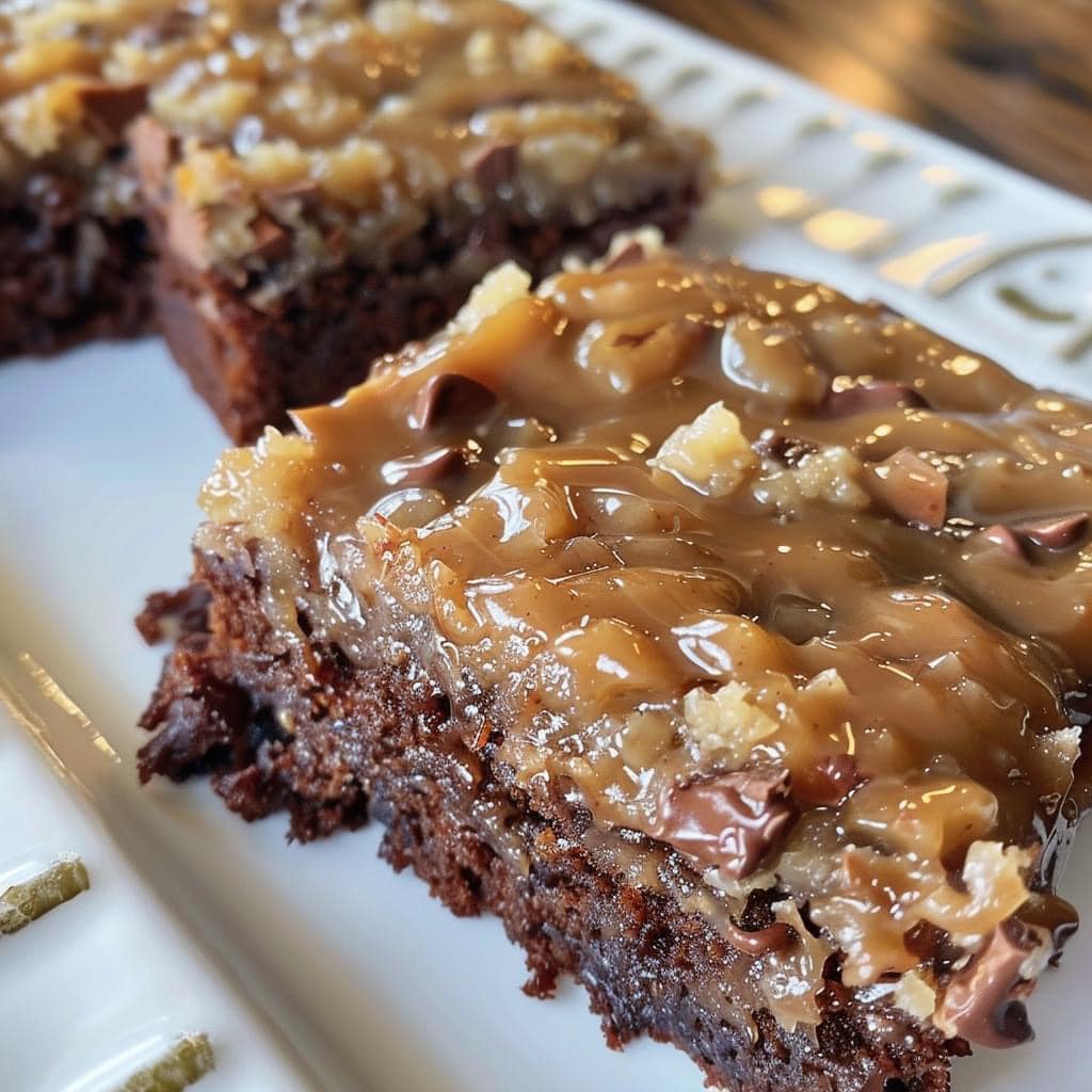 German Chocolate Sheet Cake with coconut-pecan frosting on a white plate.