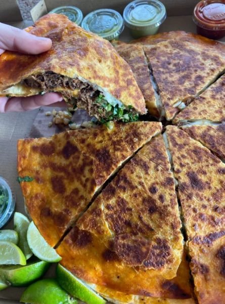 A picture of a delicious looking Birria Pizzadilla with melted cheese and meat filling