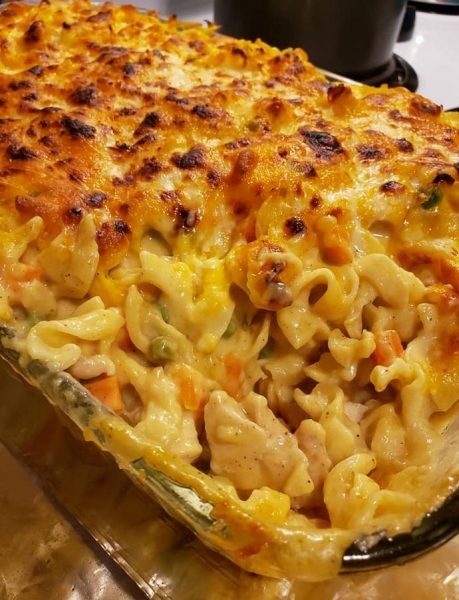 "Chicken Noodle Casserole with Breadcrumb Topping"