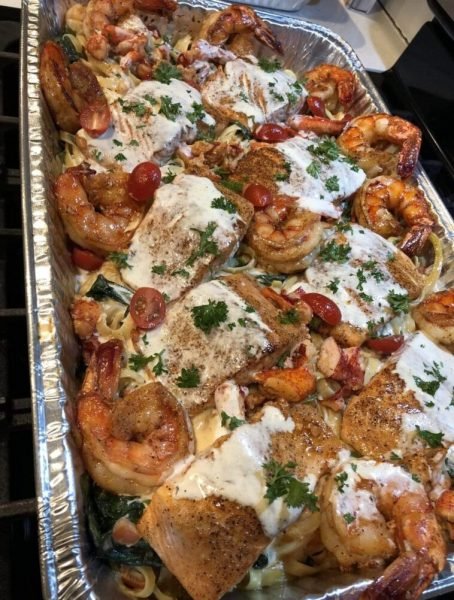 Salmon, Shrimp and Lobster Claw Meat loaded Linguine