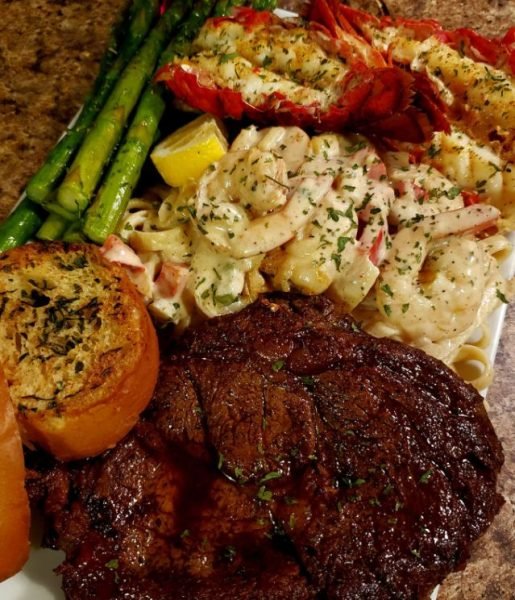 Shrimp Pasta, Grilled Lobster, and Ribeye Steak