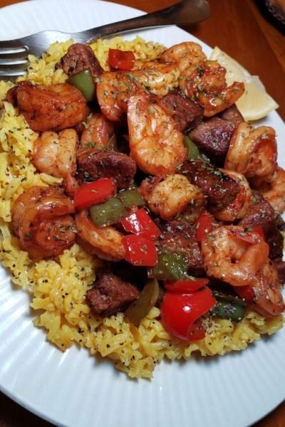 Jerk Steak Red & Green Bell Peppers Shrimp over Yellow Rice