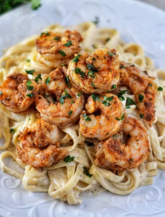 Cajun Shrimp Fettuccine Alfredo dish on a plate