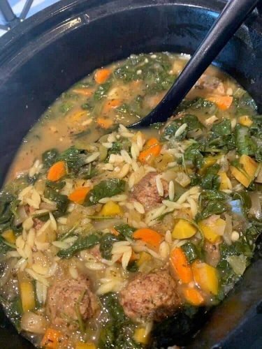 Italian Wedding Soup with Meatballs, Vegetables, and Pasta