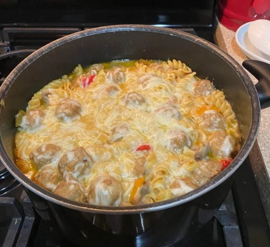 a bowl of One Pot Meatball Parmesan Pasta