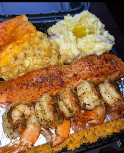 Mac n Cheese Grilled Salmon, Grilled Shrimp, Yellow Rice, and Garlicky Mashed Potatoes - Culinary Delight