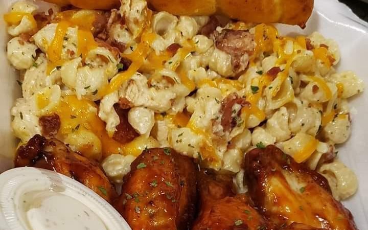Chicken bacon ranch pasta, BBQ wings,garlic breadstick