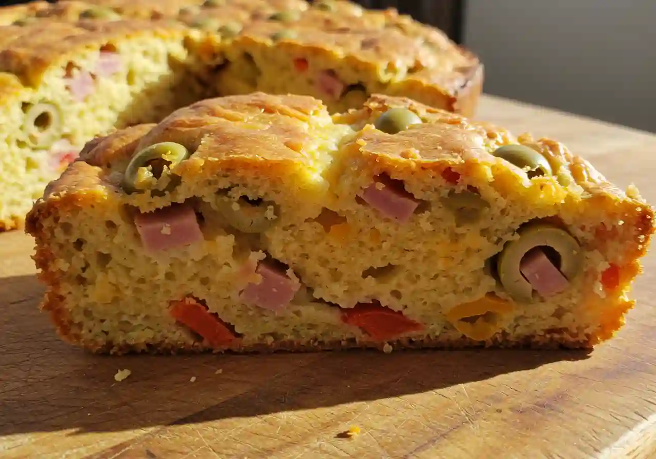 A slice of savory quick bread with cheese and olives, resting on a rustic wooden cutting board. The bread has a golden-brown, craggy crust with visible melted cheddar cheese and specks of green olives and red bell pepper. The interior crumb is tender and moist, studded with olives, ham, and peppers. The scene is warmly lit with natural morning light, suggesting a cozy breakfast or brunch setting.