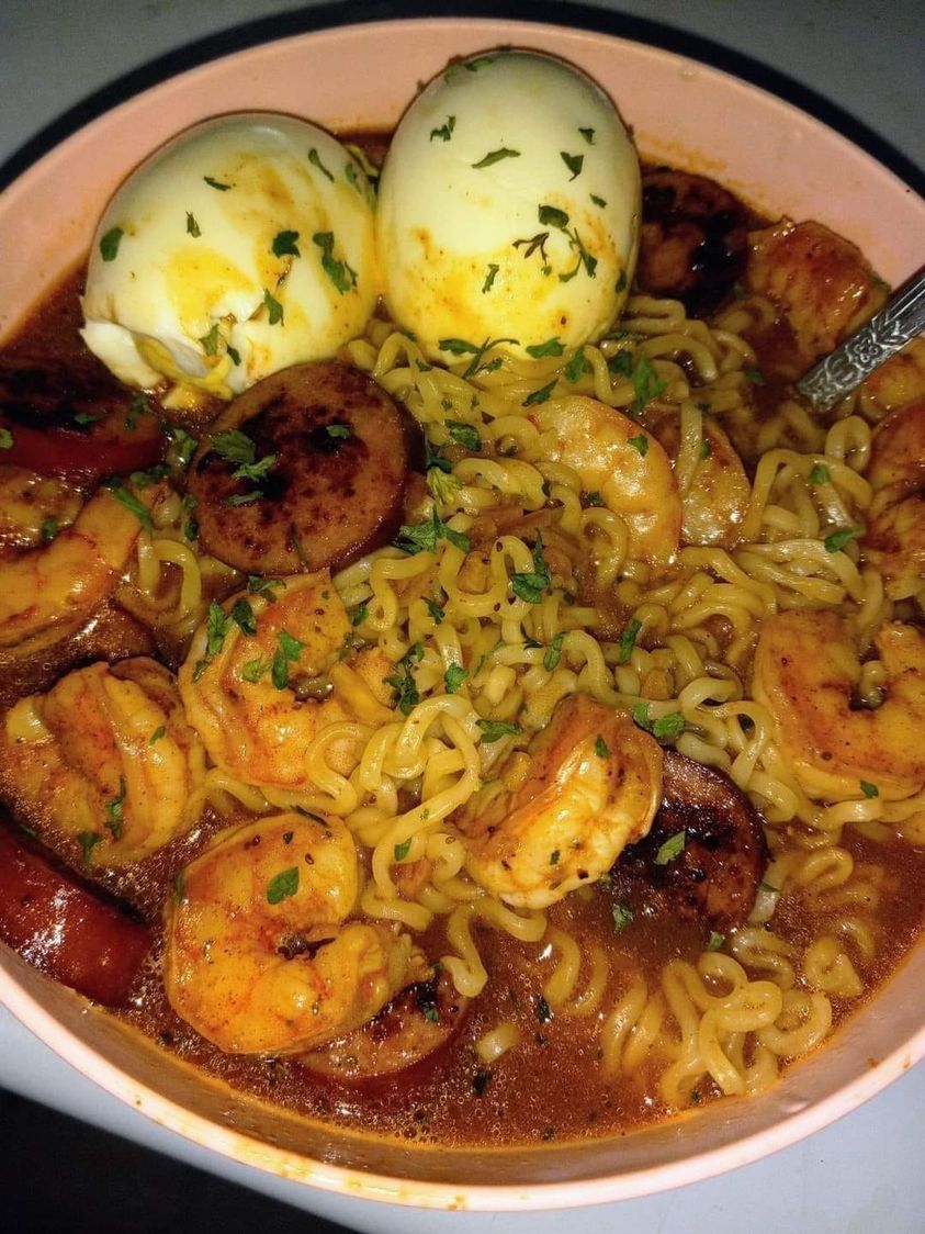 Spicy Ramen Noodles with Jumbo Shrimp and Seared Sausages