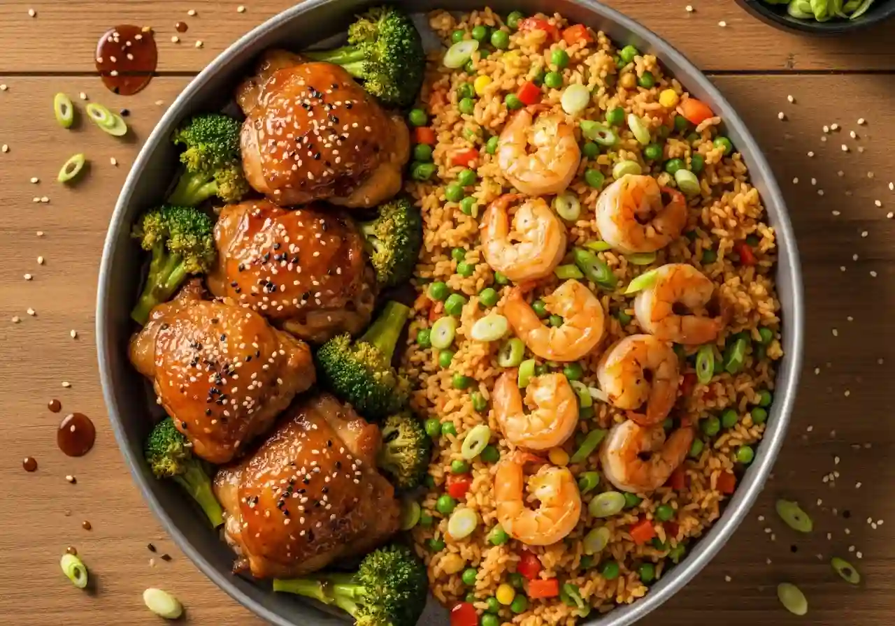 Teriyaki Chicken & Cajun Butter Shrimp with Veggie Fried Rice