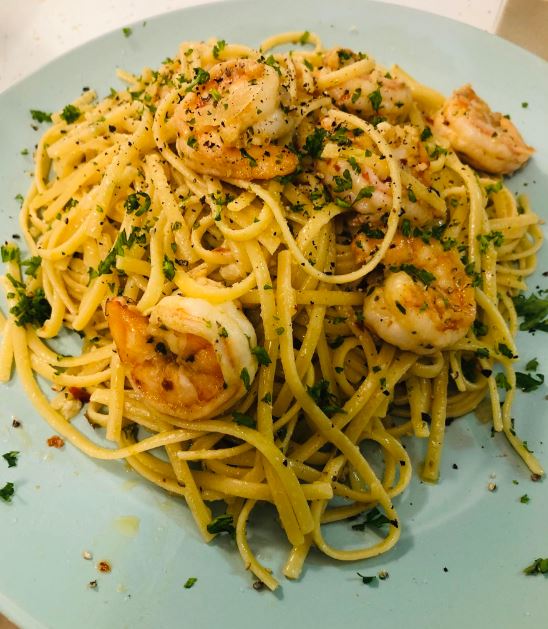 Cajun BBQ Shrimp Scampi Linguine dish on a plate