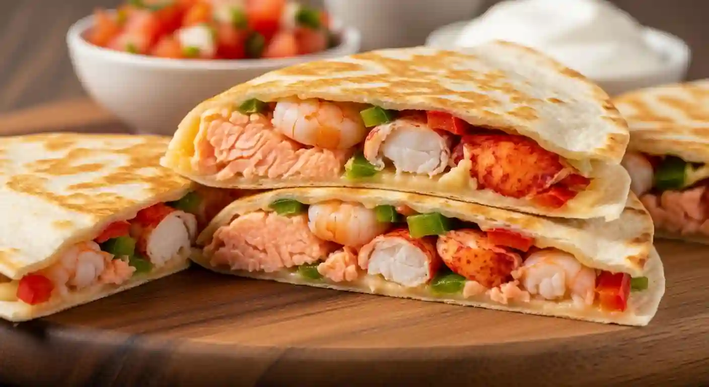 Seafood Quesadilla with Salmon, Lobster, Shrimp & Caramelized Onions