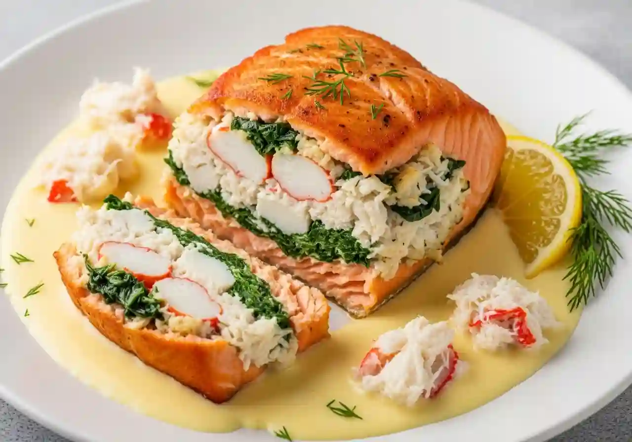 Spinach and Crab Stuffed Salmon with Lemon Cream Sauce