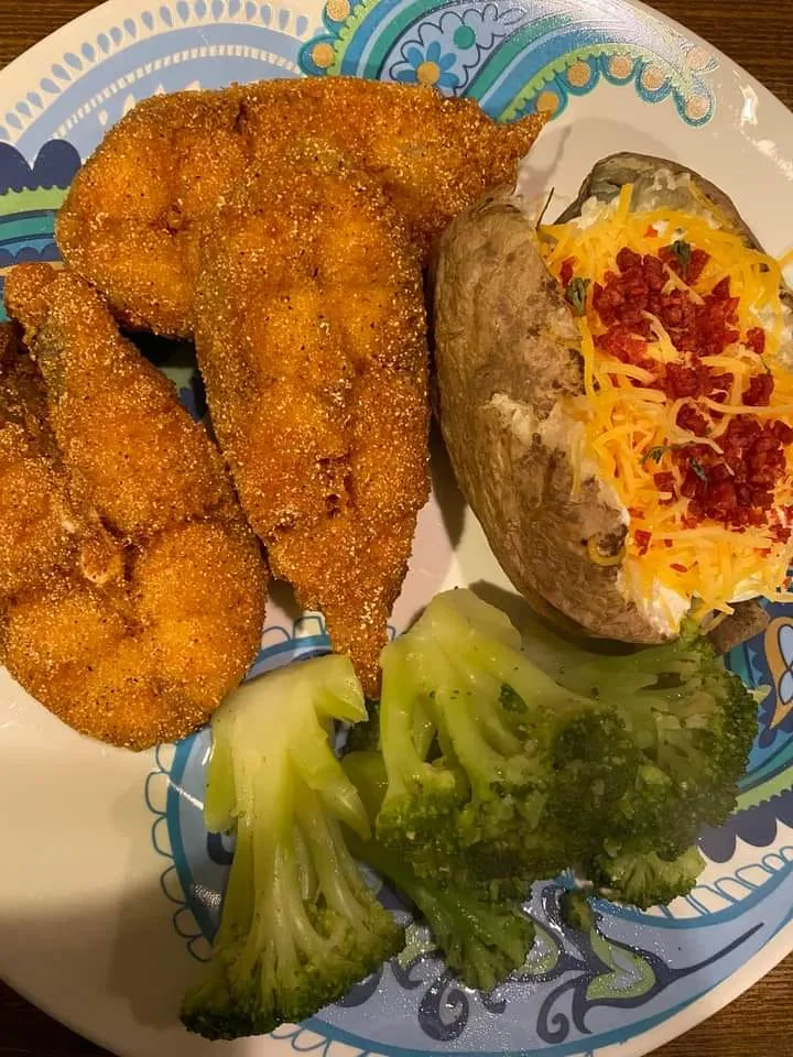 Steak Pieces of Catfish, Loaded Baked Potato, and Broccoli Recipe Image