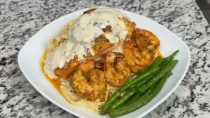 Crab Stuffed Salmon and Shrimp Alfredo