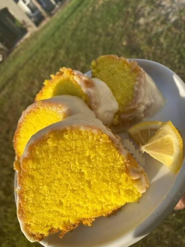 Lemon pound cake on a white plate