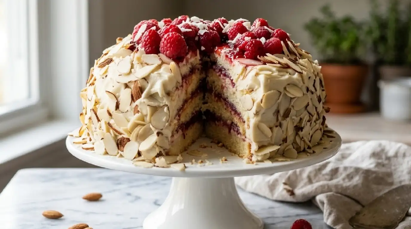 Almond Raspberry Cake with White Chocolate Amaretto Buttercream