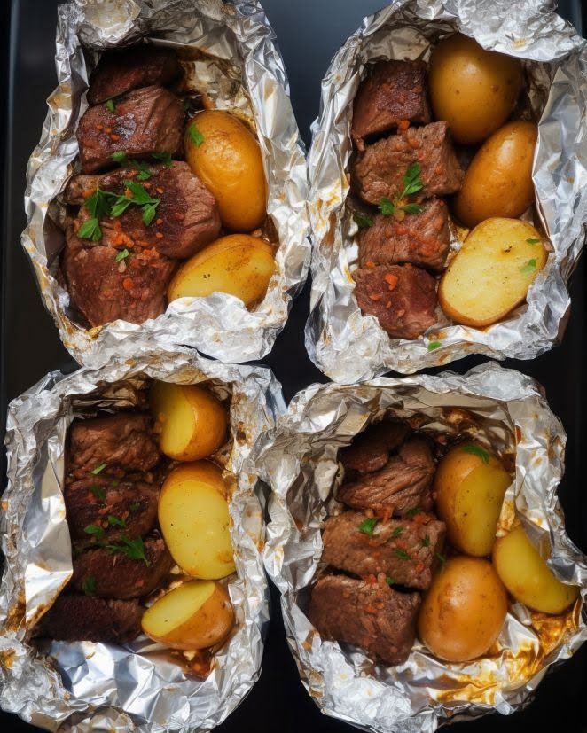 A close-up image of Garlic Steak & Potato Foil Packets, showcasing juicy steak and golden-brown potatoes.