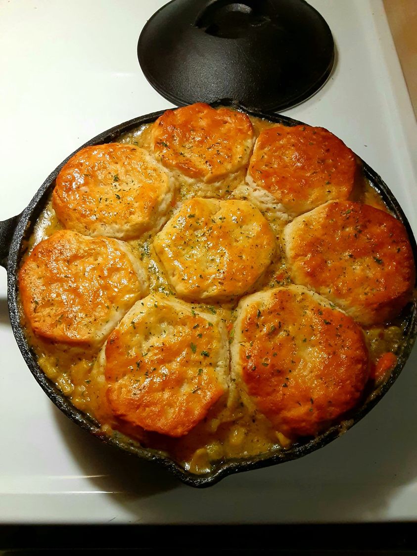 "Chicken and Biscuit Pot Pie with Golden Crust"