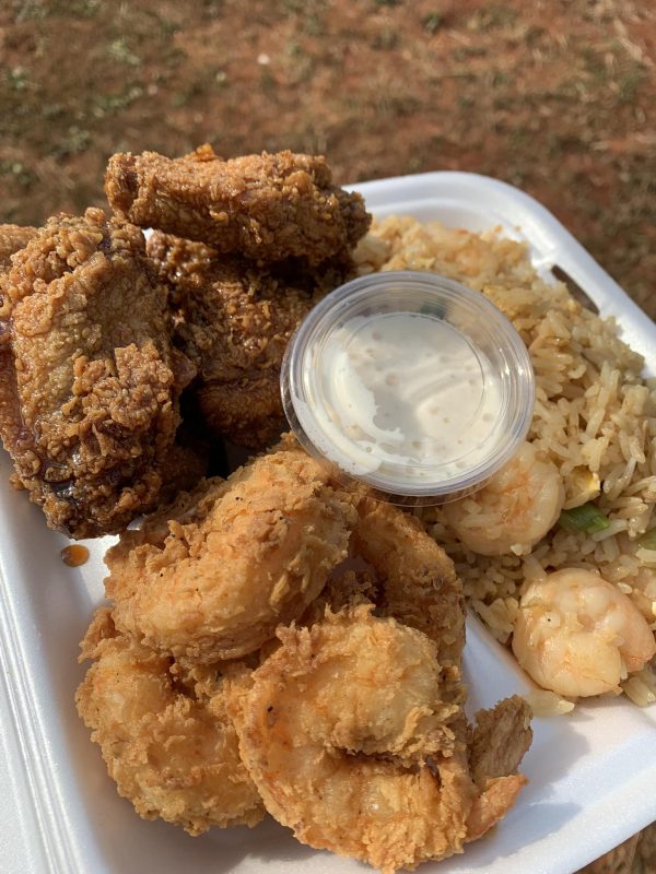 Fried Teriyaki Wings, Jumbo Fried Shrimp, and Shrimp Fried Rice