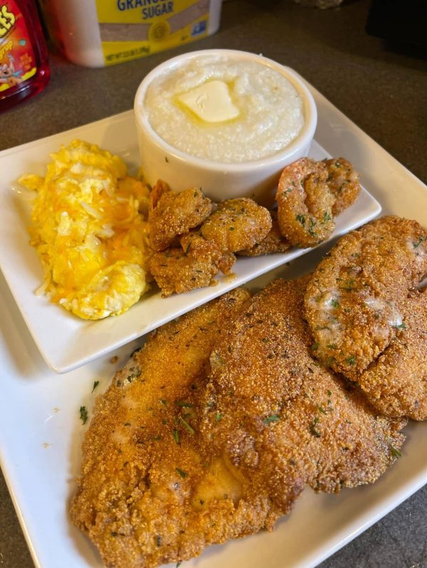 "Fried Fish & Shrimp Brunch - Golden brown seafood on a platter with lemon wedges"