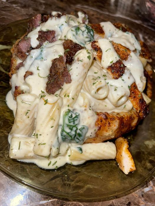 Steak, Chicken, and Spinach Alfredo Bowl - A Delectable Gourmet Dish
