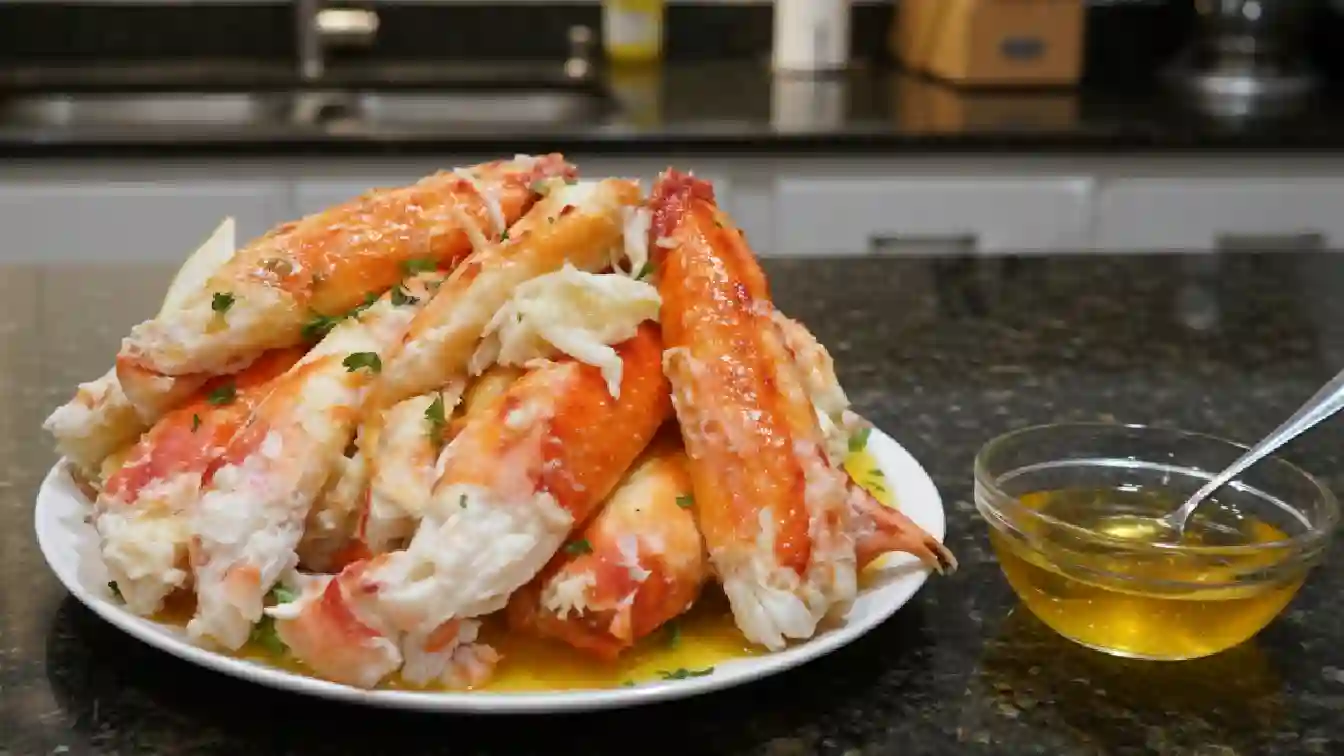 "Golden brown Fried King Crab Legs with Garlic Butter on a plate, showcasing the crispy exterior and tender Alaskan King Crab meat inside."
