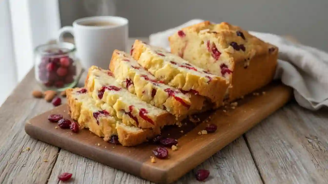 A close-up photo of a sliced Cream Cheese Cranberry Loaf on a plate. The loaf is golden brown on the outside and has swirls of cream cheese and bright red cranberries throughout.