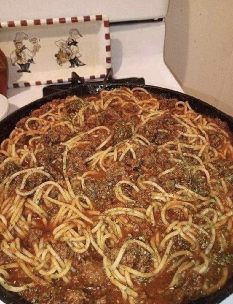 Homemade skillet spaghetti with ground beef in a delicious tomato sauce