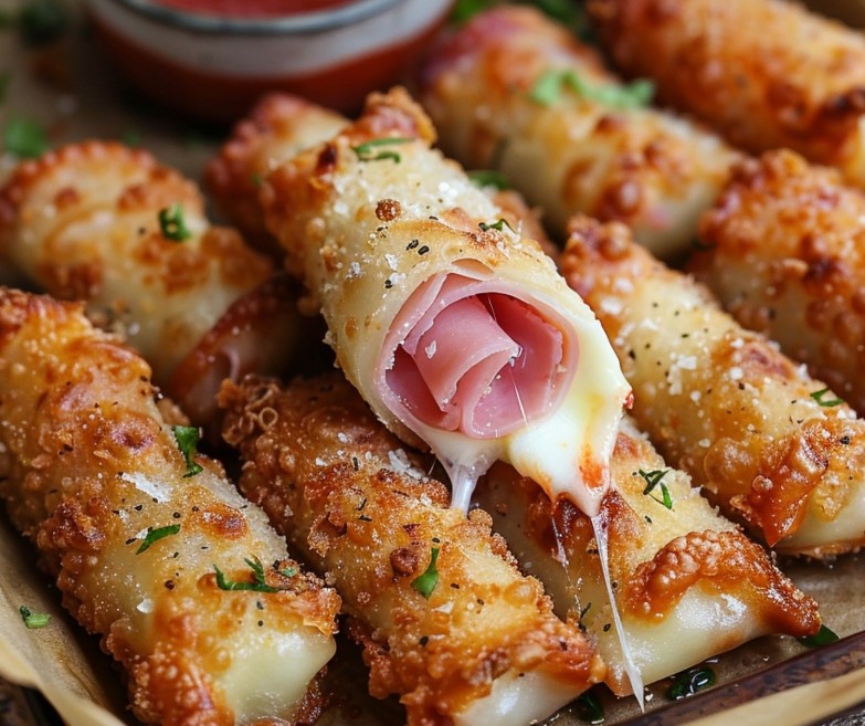 Baked ham and cheese mozzarella sticks on a plate with marinara dipping sauce