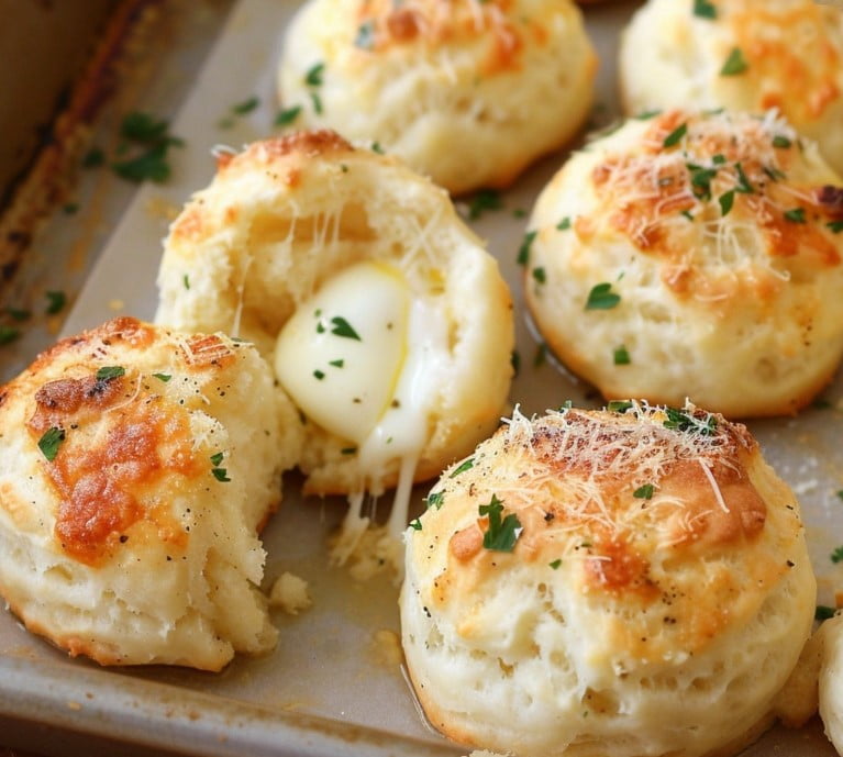 Cheesy Mozzarella Biscuit Bombs fresh out of the oven on a baking tray