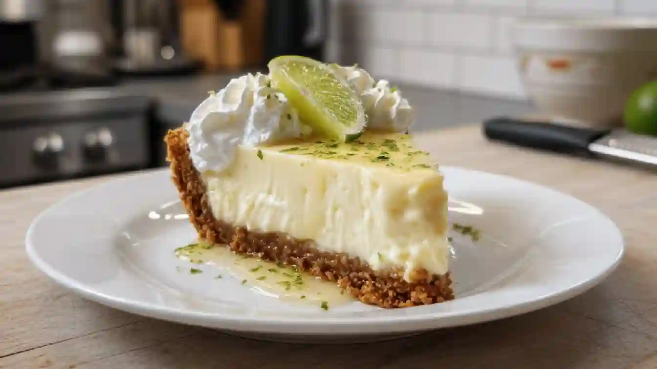 Close-up slice of key lime pie with whipped cream and lime wedge.