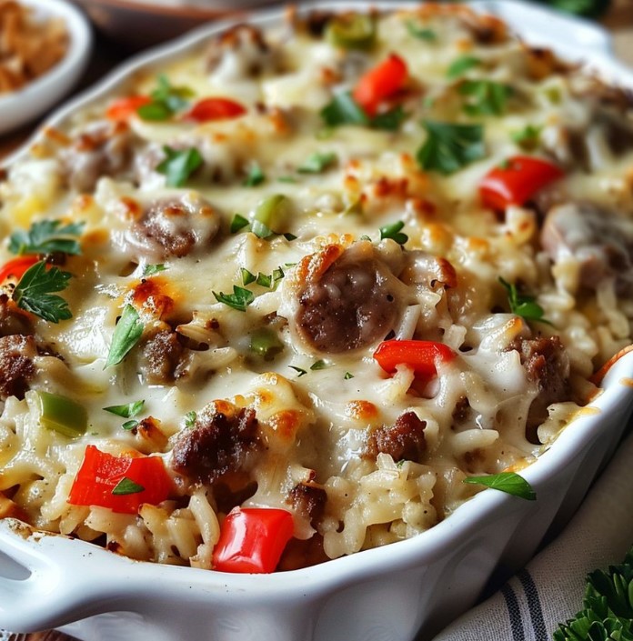 A hearty serving of Philly Cheesesteak Alfredo Rice Casserole topped with melted cheese and garnished with parsley.