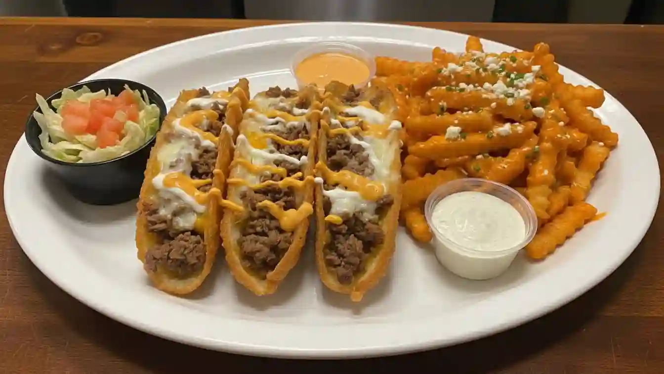 A plate of Cheese Steak Tacos with Buffalo Fries, garnished with cilantro and lime wedges