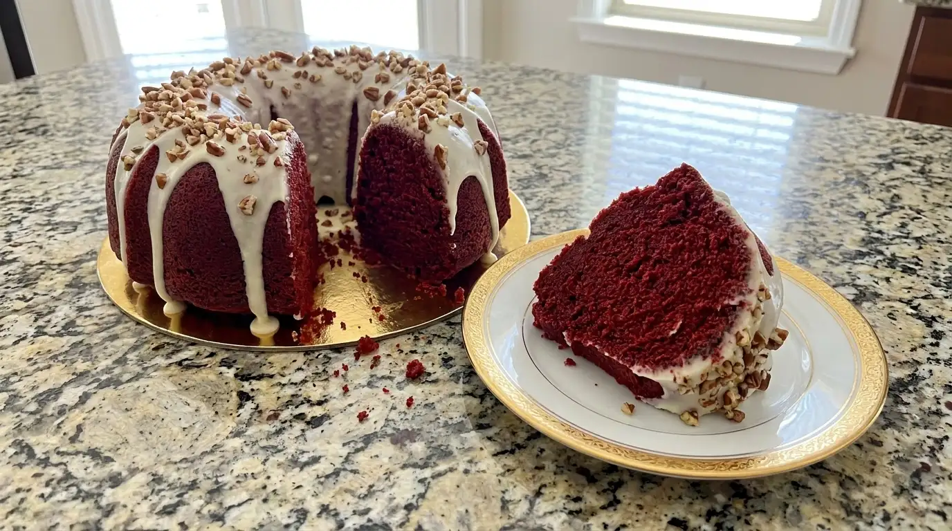 A slice of red velvet cake on a plate with a fork