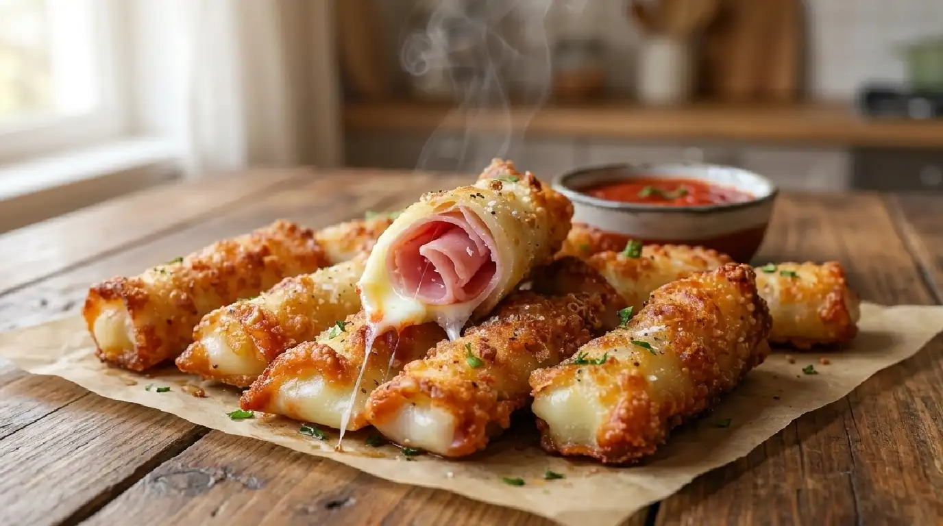 Baked ham and cheese mozzarella sticks on a plate with marinara dipping sauce