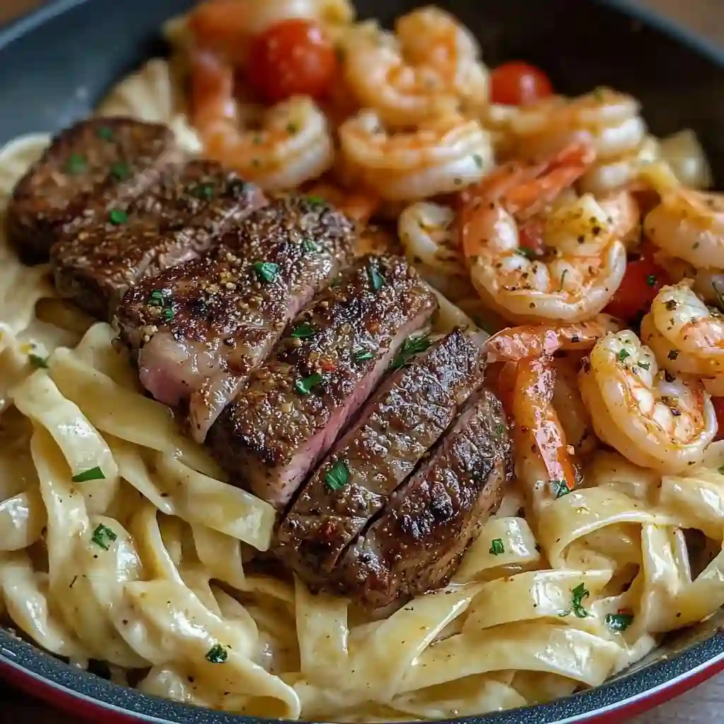 Cajun Shrimp Chicken and Steak Alfredo Pasta