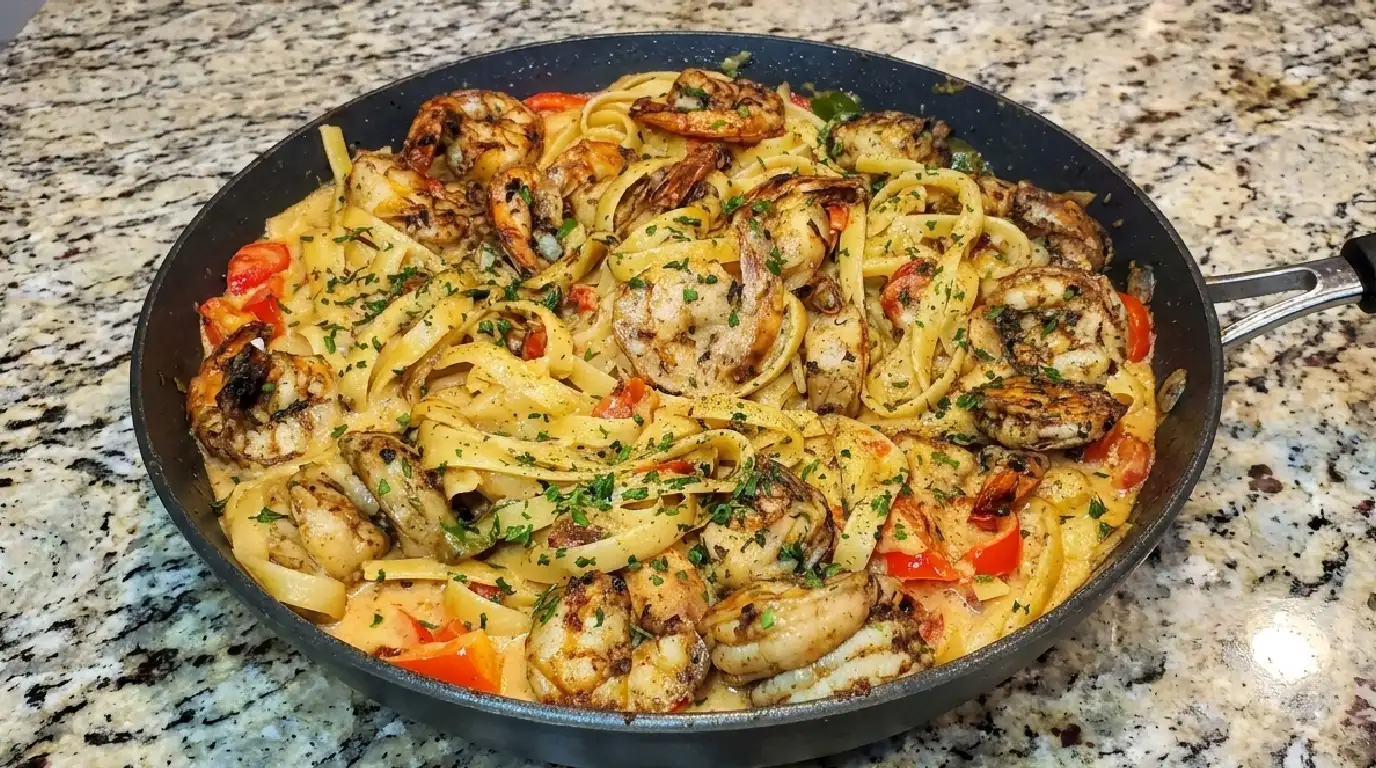 Close-up of Jerk Shrimp Fettuccine with Parmesan Cheese