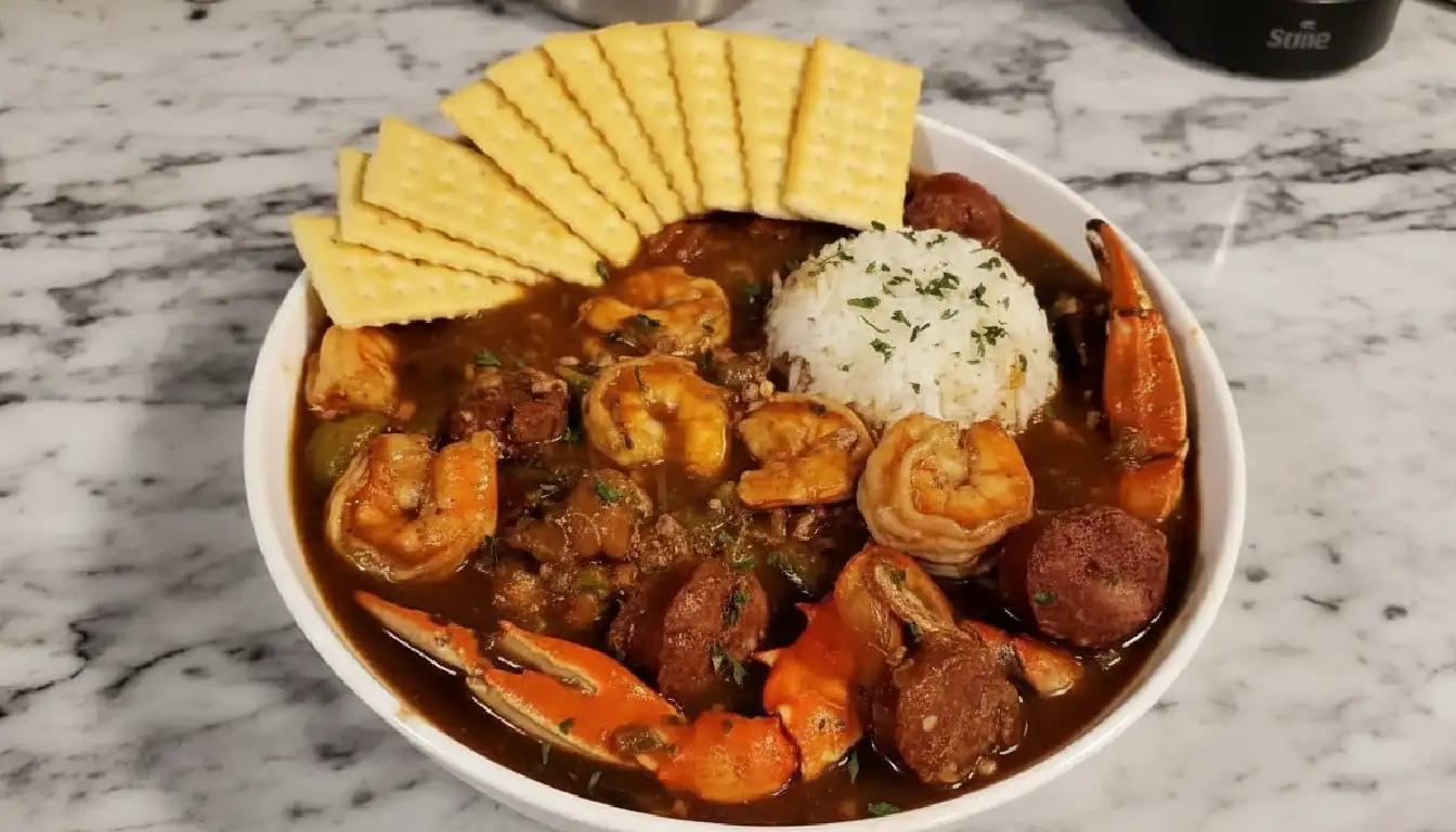 Seafood Gumbo Recipe - A medley of shrimp, crab, crawfish, and Andouille sausage in a rich broth, served over steamed rice.