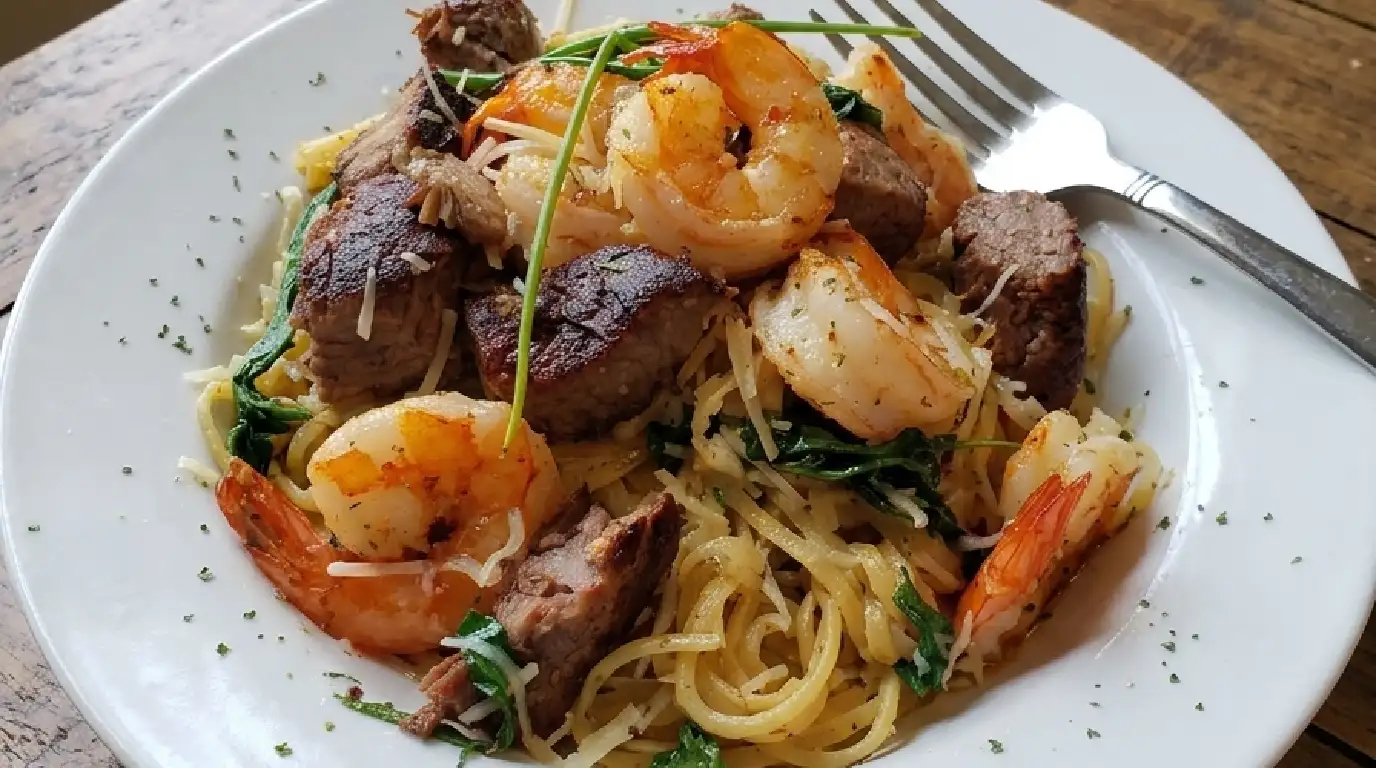 Steak and Shrimp Pasta with Roasted Asparagus on a plate with grated Parmesan cheese on top