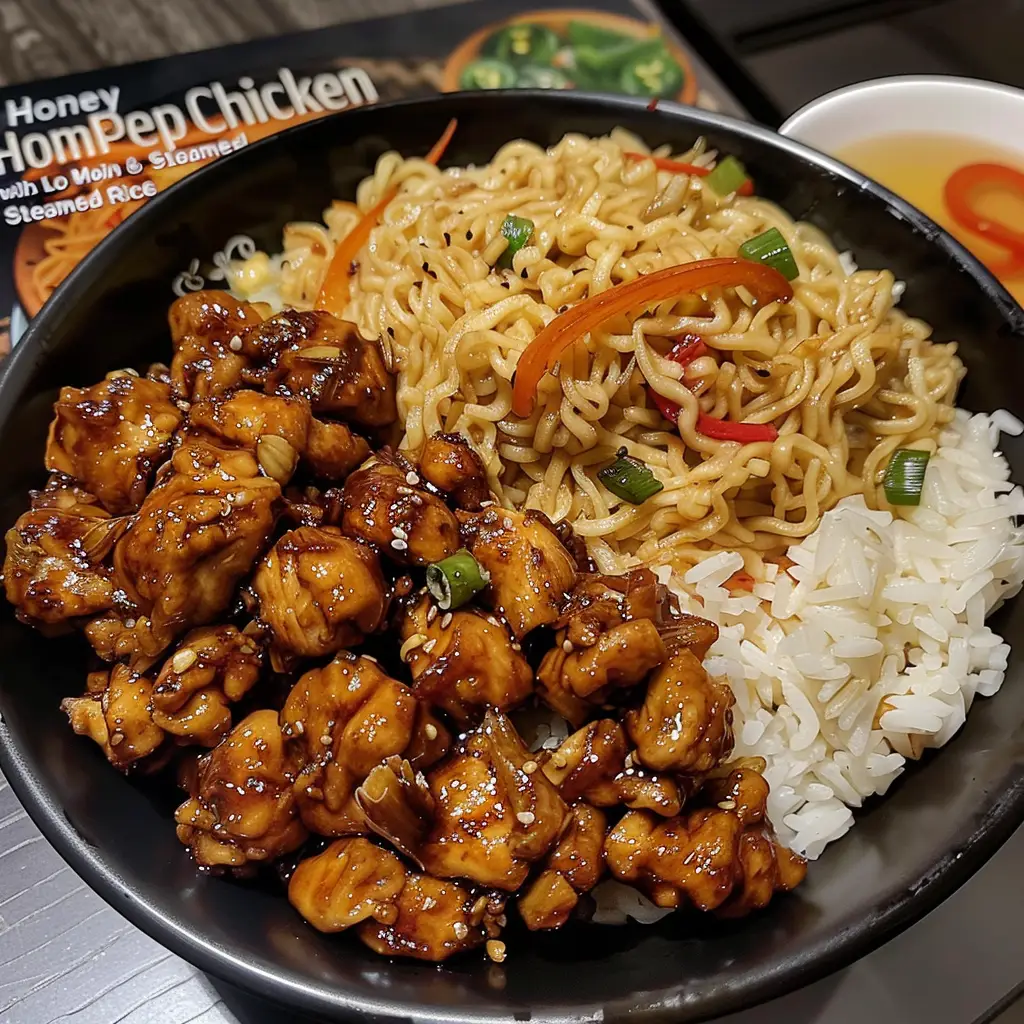 Honey Pepper Chicken with Lo Mein & Steamed Rice