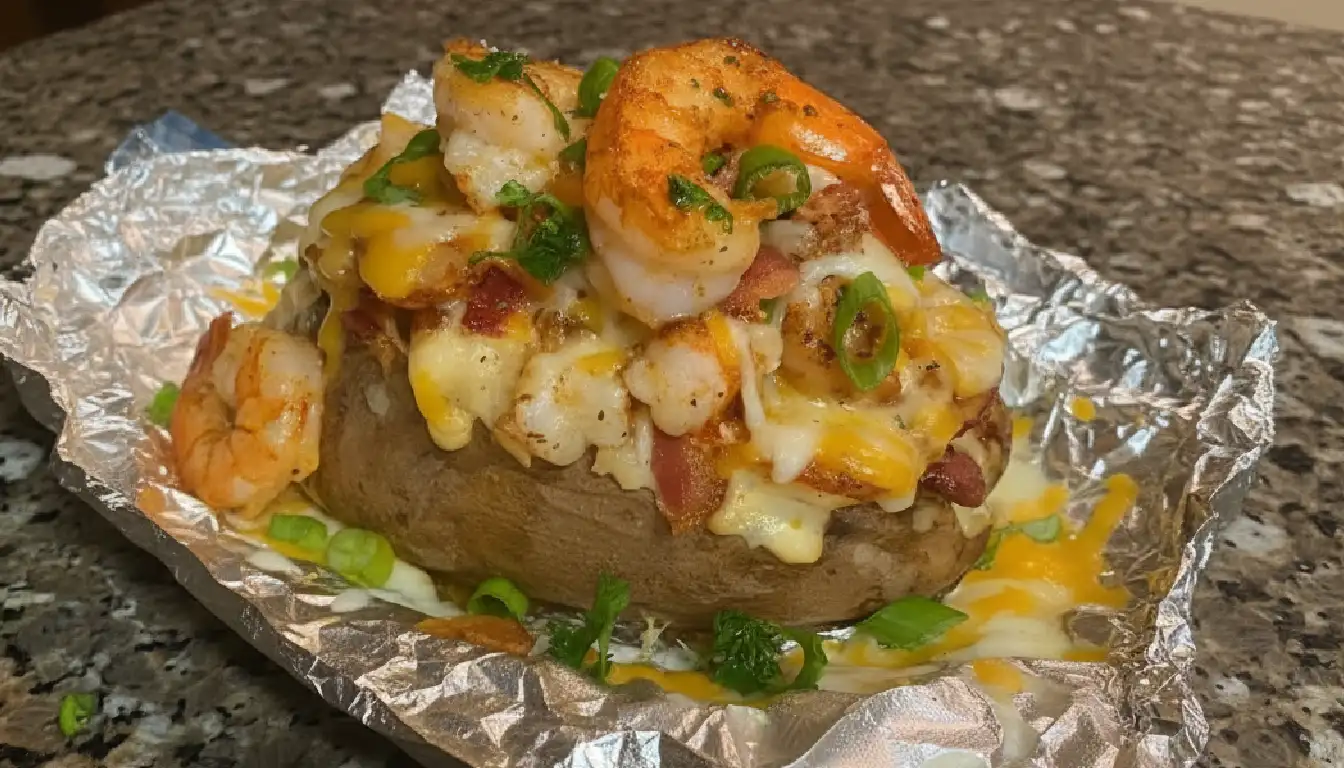 Loaded Seafood Baked Potato with Creamy Cajun Shrimp Sauce - A plate of golden-brown baked potatoes topped with succulent shrimp and a luscious Cajun-infused creamy sauce